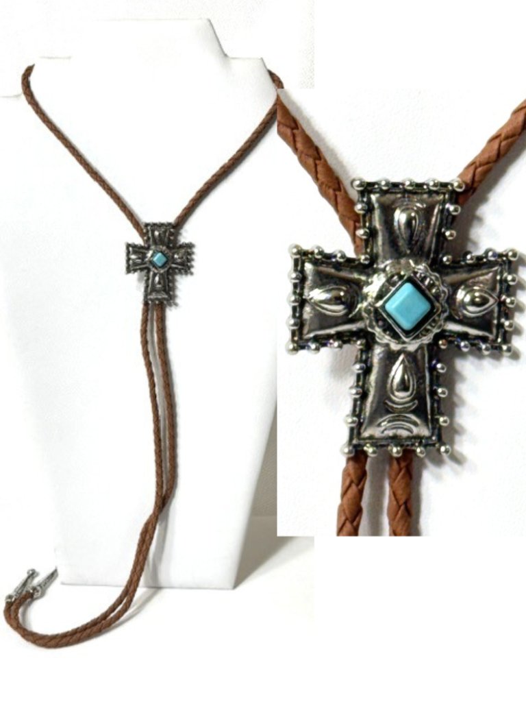 Silver-Tone Cross, Brown Cord Western Cowboy Bolo Tie.